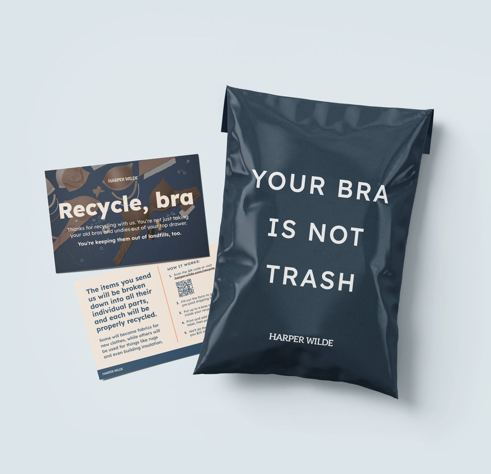 Flat lay of a Harper Wilde recycling bag and instructional insert against a light blue background.