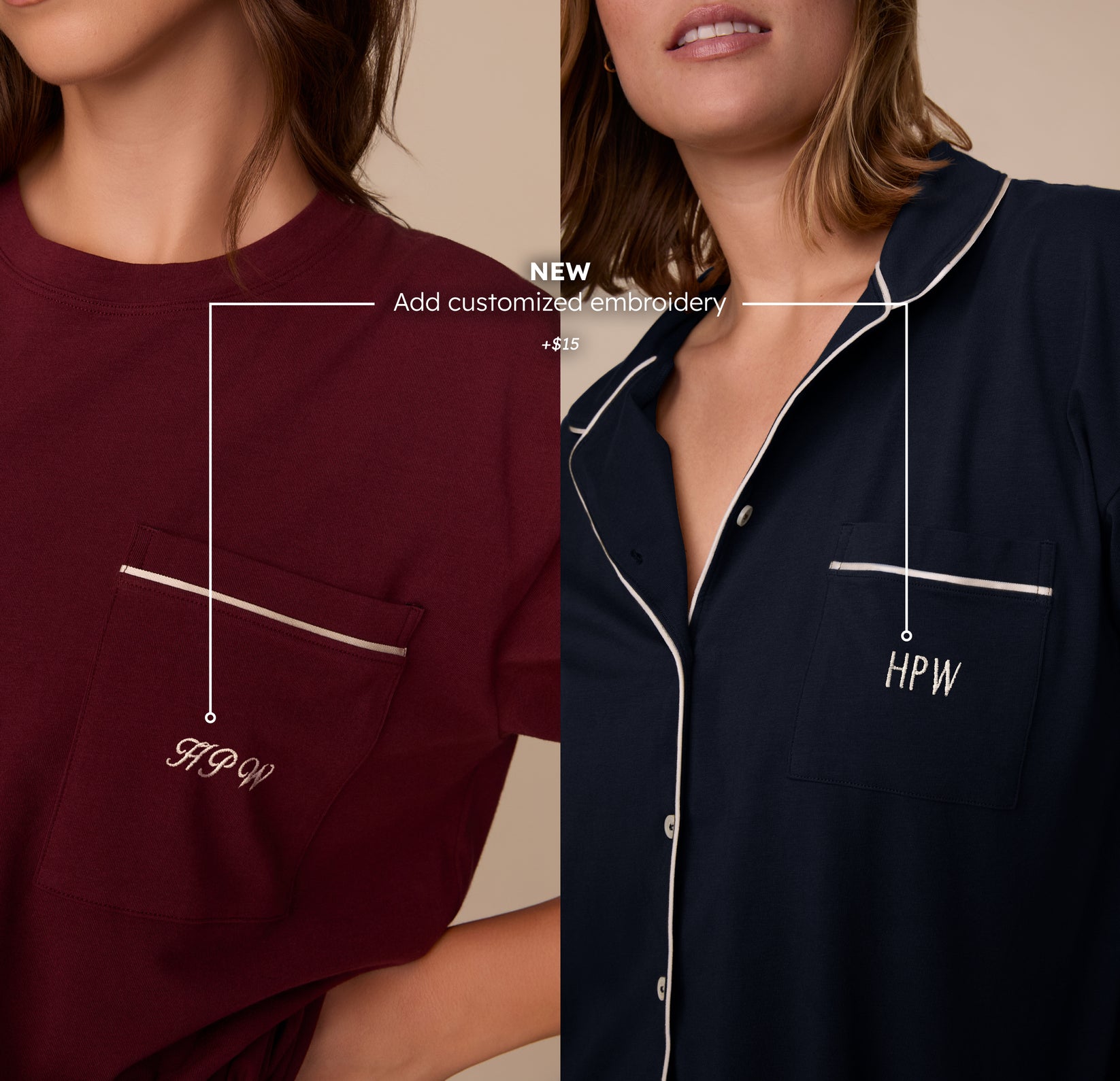 Split image featuring the Perfect Pima Pajama Top in Bordeaux on the left and Navy on the right. Both tops display embroidered “HPW” text on the chest pocket. White callout text reads: “NEW — Add customized embroidery +$15.”