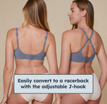 Back view of a model wearing the Base Unlined Bra converted to a racerback using the adjustable J-Hook.