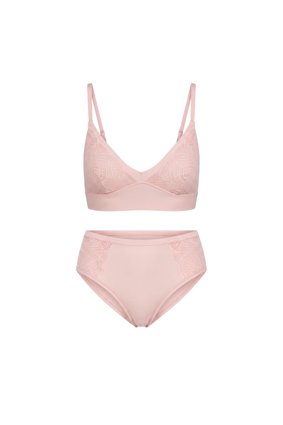 Flat lay of the Bliss Lace Gift Set featuring the Bliss Triangle Bralette and Bliss Highwaist Brief in Blush, both with fan lace detailing, shown in a ghost lay arrangement.