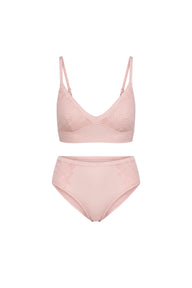 Flat lay of the Bliss Lace Gift Set featuring the Bliss Triangle Bralette and Bliss Highwaist Brief in Blush, both with fan lace detailing, shown in a ghost lay arrangement.