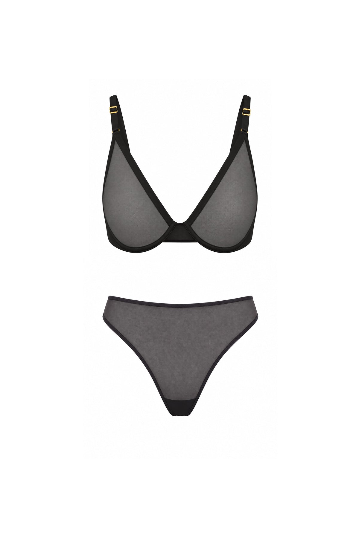 Flat lay of the ComfortMesh Gift Set featuring the ComfortMesh Triangle Bralette and ComfortMesh High Rise Thong in Black, with sheer mesh fabric and gold hardware, shown in a ghost lay arrangement.