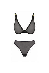 Flat lay of the ComfortMesh Gift Set featuring the ComfortMesh Triangle Bralette and ComfortMesh High Rise Thong in Black, with sheer mesh fabric and gold hardware, shown in a ghost lay arrangement.