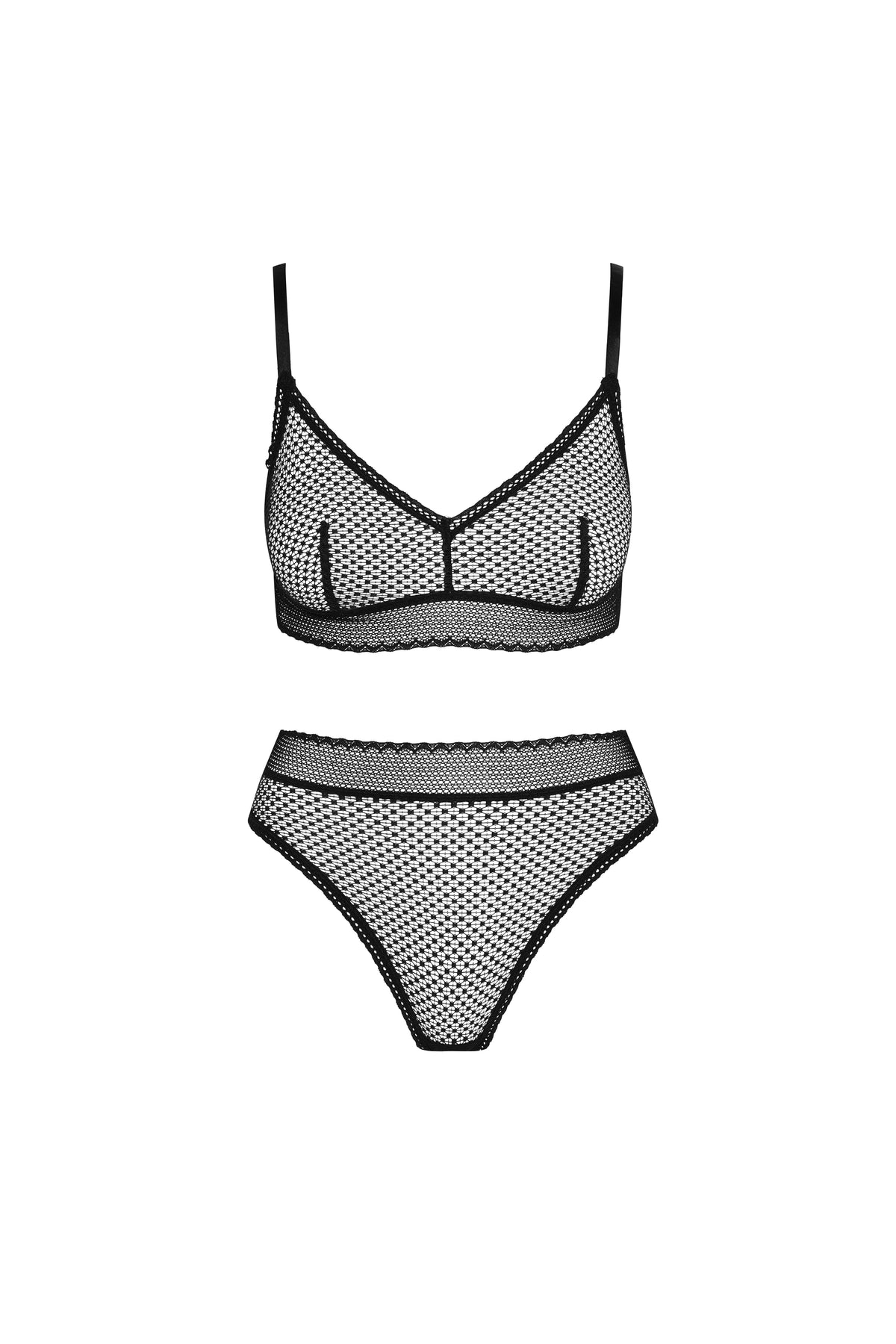 Flat lay of the Dot Lace Gift Set featuring the Dot Lace Bralette and Dot Lace High Rise Brief in Black and Ivory, shown in a ghost lay arrangement.