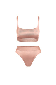 Flat lay of the Stretch Satin Gift Set featuring the Stretch Satin Bralette and Stretch Satin High Rise Thong in Blush, shown in a ghost lay arrangement.