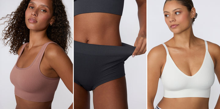 On a clean white backdrop, multiple models wear pieces from the Ribbed Seamless Collection, including a ribbed wireless bralette in white, a high-rise ribbed brief in charcoal, and a ribbed scoop bralette in muted rose, highlighting the soft ribbed fabric, smooth stretch, and everyday comfort across styles.
