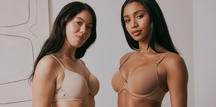 Models Emerysn and Ally wearing the Base T-Shirt Bra in Beige and Tan, showcasing Harper Wilde's sleek and supportive everyday essentials.