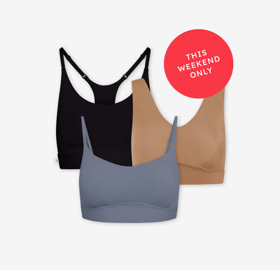 A Bliss Racerback Bralette in Black, a Bliss Bralette in Tan, and a Bliss Scoop Bralette in Slate. A red circular badge to the top right of the middle bralette reads: "THIS WEEKEND ONLY".