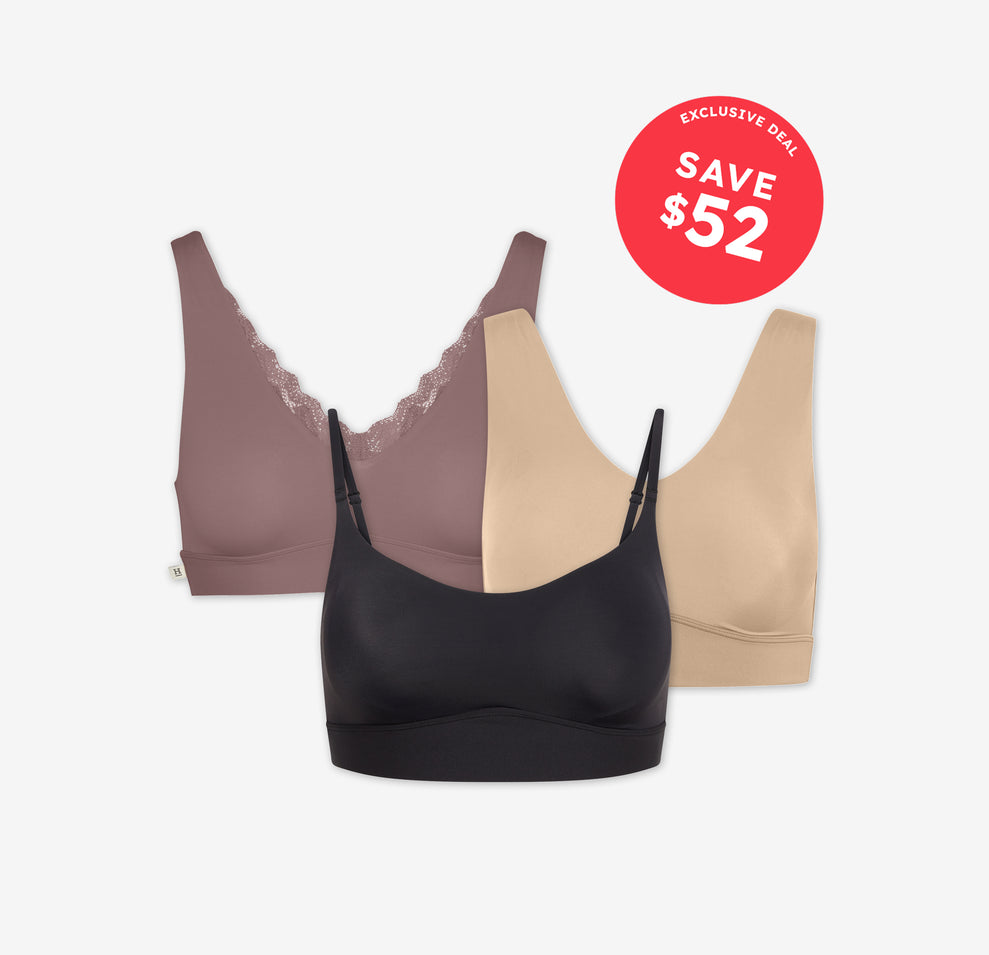 The Bliss Lace Bralette in Mauve, Bliss Bralette in Beige, and Bliss Scoop Bralette in Black against a white background. The upper right corner contains a Poppy colored badge that says "EXCLUSIVE DEAL. SAVE $52" in white text. 