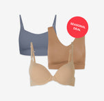 A flat lay of three Harper Wilde bras: the Bliss Scoop in Steel, Bliss in Tan, and the Base T-Shirt Bra in Beige. A red circular sticker on the top right reads “Seasonal Deal.”