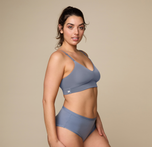 Woman wearing the Bliss Triangle Bralette in the color Steel