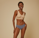 Woman wearing the bliss hiphugger in color steel