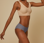 Woman wearing the bliss hiphugger in color steel